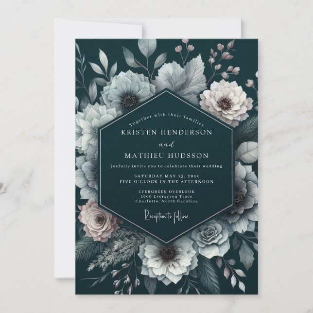 Invitación Deep Teal Floral Romance Wedding (Anverso)