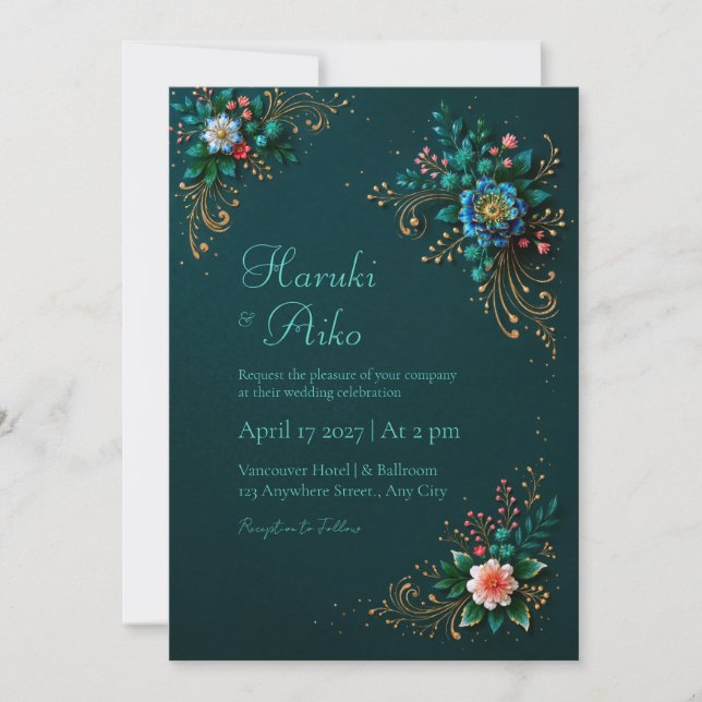 Invitación Deep Teal Jewel Floral Wedding (Anverso)