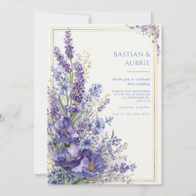 Invitación Deep Violet Poppy Romantic Botanical Gold Frame (Anverso)