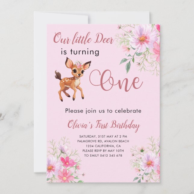 Invitación Deer 1er cumpleaños Cosmo Floral Rosa (Anverso)