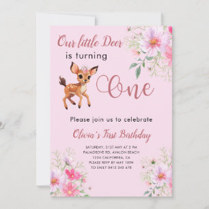 Invitación Deer 1er cumpleaños Cosmo Floral Rosa
