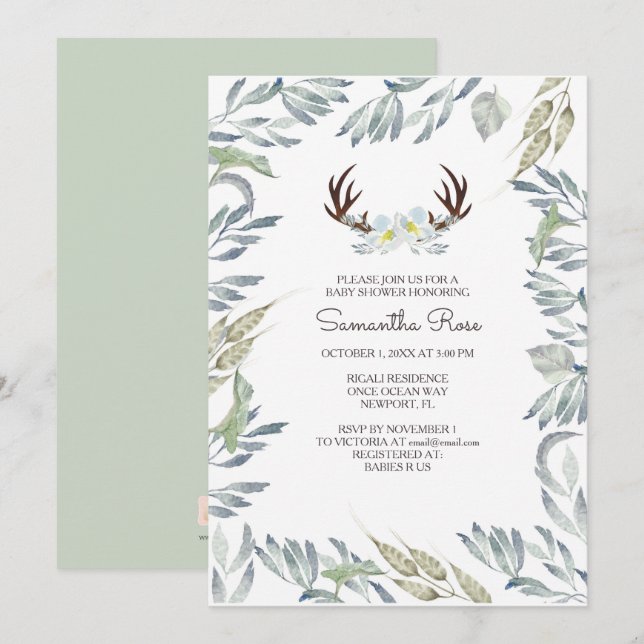 Invitación DEER ANTLER Baby Shower Invite - Boy (Anverso / Reverso)