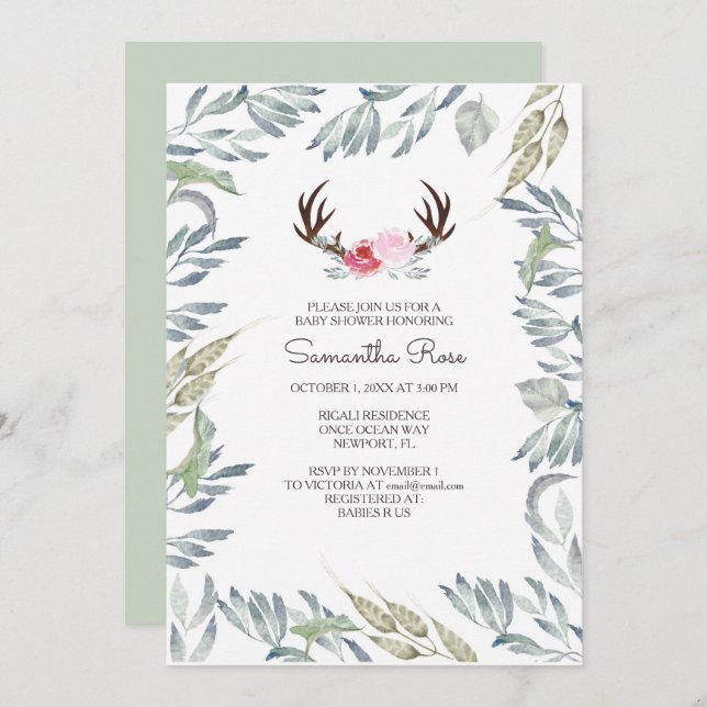 Invitación DEER ANTLER Baby Shower Invite - Chica (Anverso / Reverso)