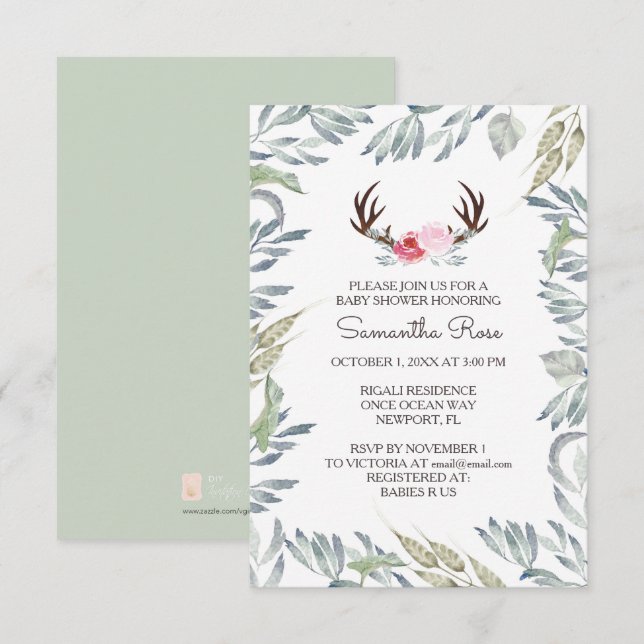 Invitación DEER ANTLER Baby Shower Invite, Chica (Anverso / Reverso)
