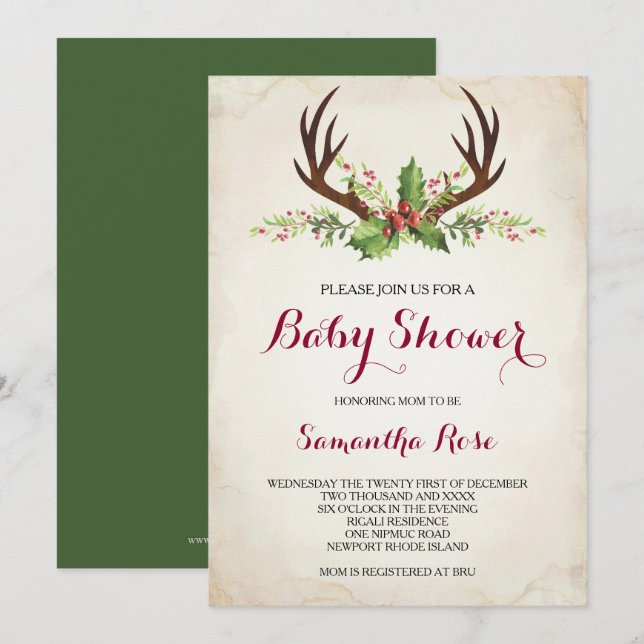 Invitación Deer Antler Baby Shower Invite - Navidades (Anverso / Reverso)