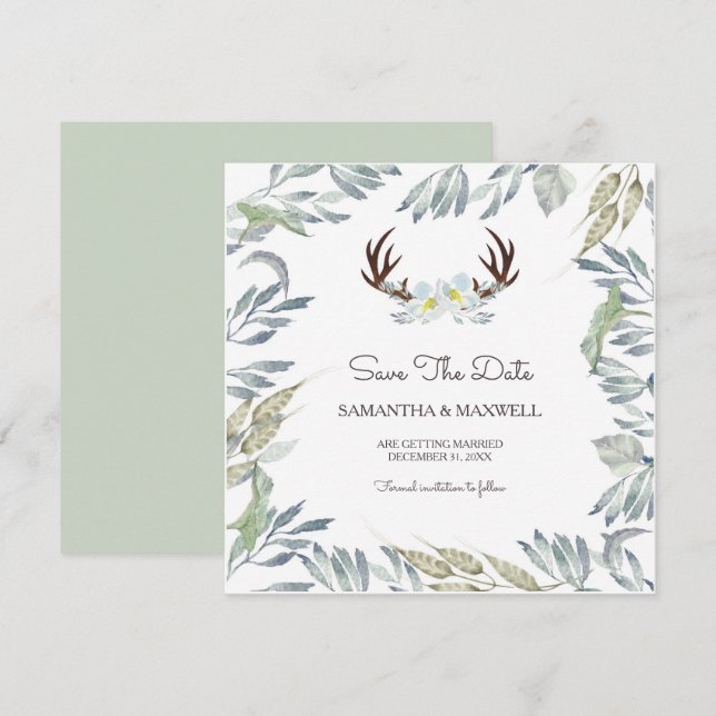 Invitación DEER ANTLER & Greeneration Save The Date, Azul (Anverso / Reverso)