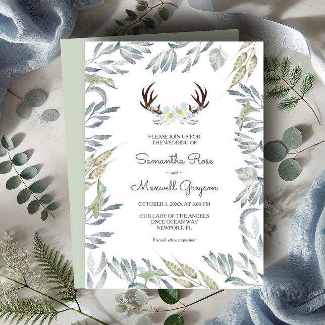 Invitación DEER ANTLER Rustic Sage Green Boda (Wedding invitations rustic watercolor deer antlers and botanical greenery)