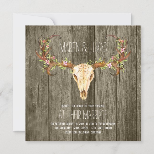 Invitación Deer Antler Rustic Wood Boda Suroeste (Anverso)