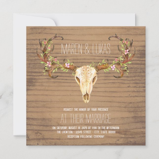 Invitación Deer Antler Skull Boda Sudoeste (Anverso)