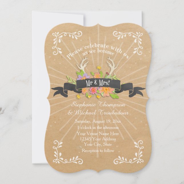 Invitación Deer Antler Wildflower Starburst Rustic Boda (Anverso)