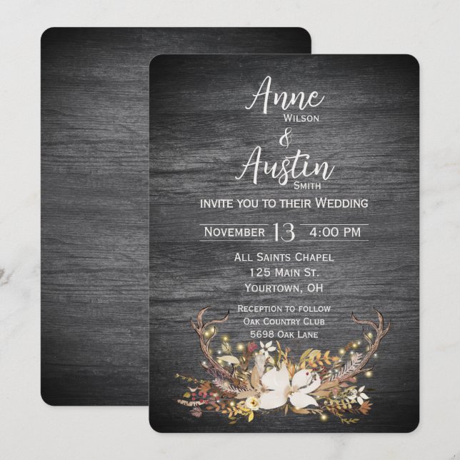 Invitación Deer Antlers Boda Bouquet (Anverso / Reverso)