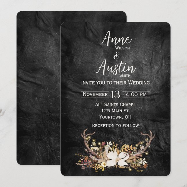 Invitación Deer Antlers Boda Bouquet On Leather (Anverso / Reverso)