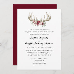 Invitación Deer Antlers Burgundy Floral Boda