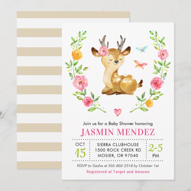 Invitación Deer Baby Girl Shower Pink Sprinkle Cute Floral (Anverso / Reverso)