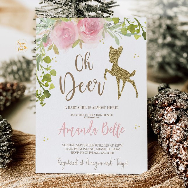 Invitación Deer Baby Shower  (An "Oh Deer" baby shower invitation featuring a cute deer design with soft greenery, ideal for a woo)