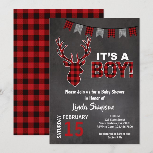 Invitación Deer Baby Shower Buffalo revestido rojo y gris (Anverso / Reverso)