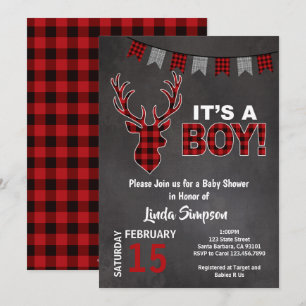 Invitación Deer Baby Shower Buffalo revestido rojo y gris