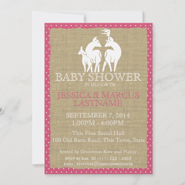 Invitación Deer Baby Shower de Woodland rosa y Burlap (Anverso)