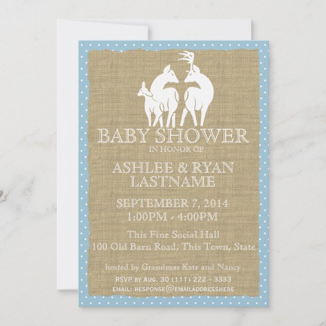 Invitación Deer Baby Shower y Burlap de Blue Woodland (Anverso)