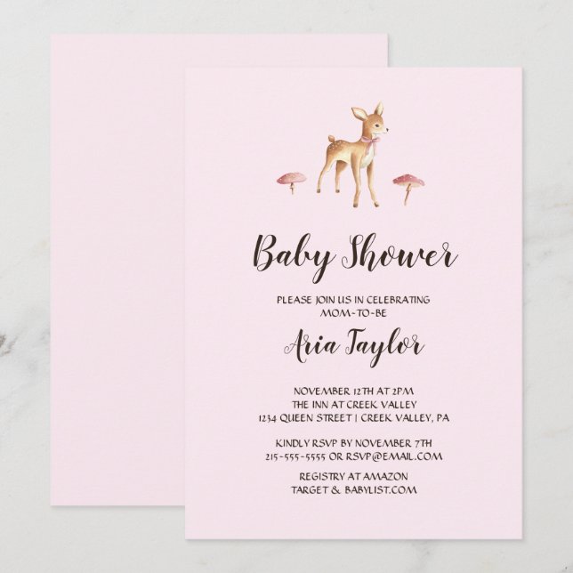 Invitación Deer Chica acuarela con hongos Baby Shower (Anverso / Reverso)
