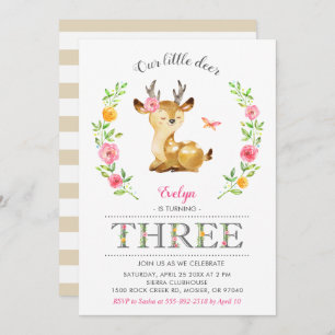 Invitación Deer Chica Woodland Floral Kids Tercer cumpleaños