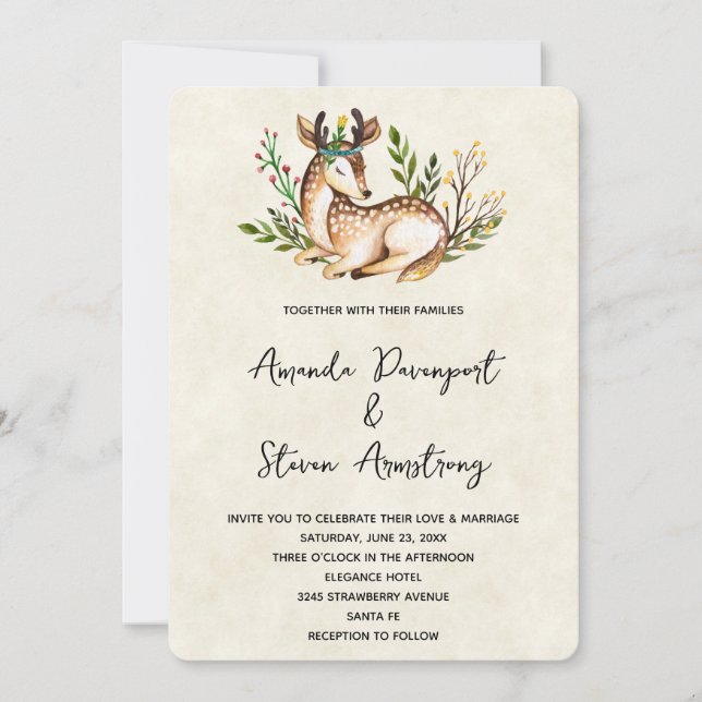 Invitación Deer de acuarela de bonito que baja al Boda Boho (Anverso)