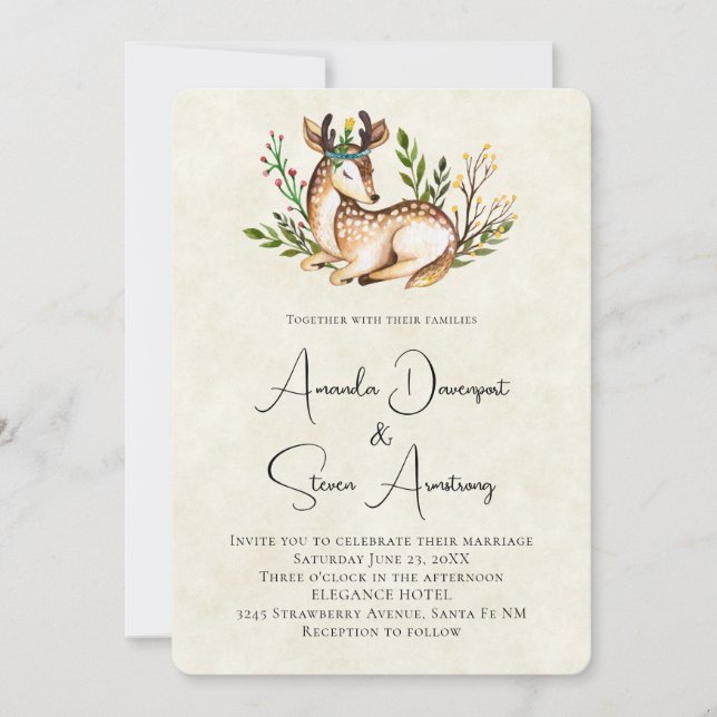 Invitación Deer de acuarela de bonito que baja al Boda Boho (Anverso)
