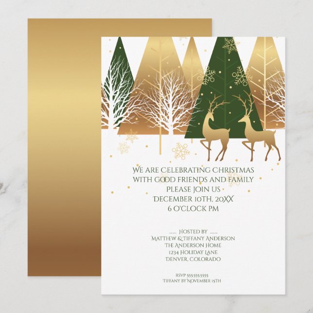 Invitación Deer de madera verde oro moderno (Anverso / Reverso)