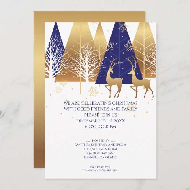 Invitación Deer de Woodland Blue Gold moderno (Anverso / Reverso)