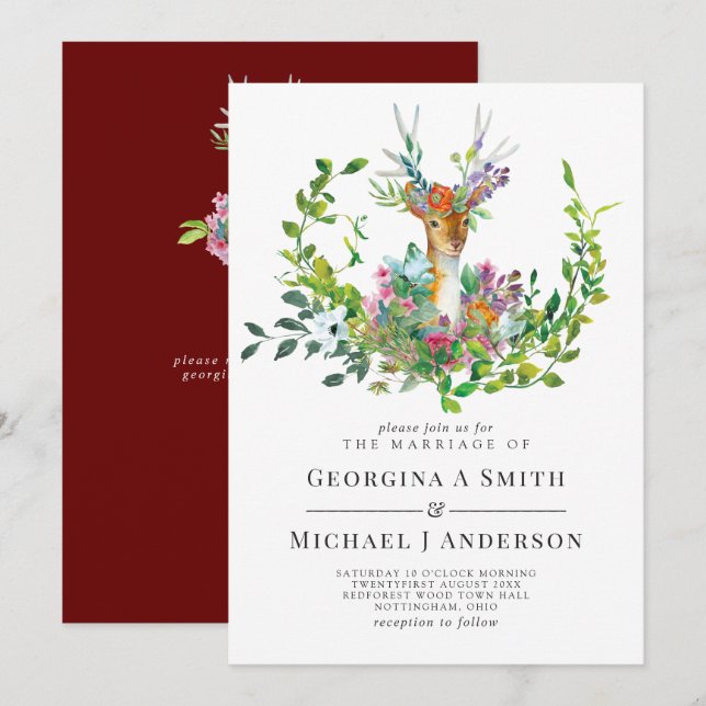 Invitación Deer de Woodland ilustrado Boda de Borgoña (Anverso / Reverso)