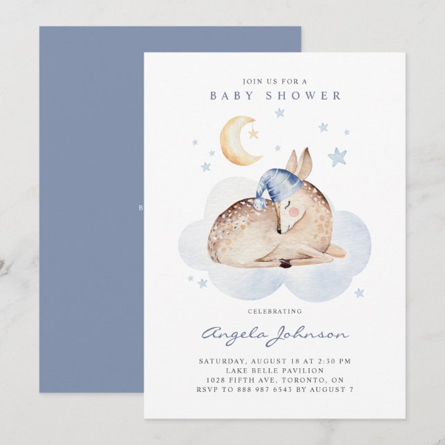 Invitación Deer durmiente acuarela es un niño Baby Shower (Anverso / Reverso)
