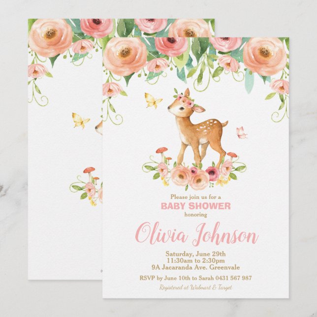 Invitación Deer floral Baby Shower Woodland Animals Baby Girl (Anverso / Reverso)