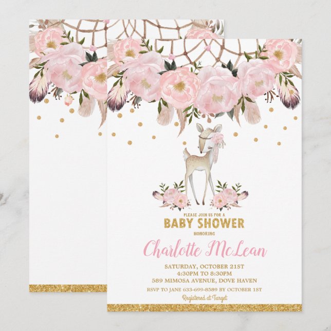 Invitación Deer Floral Dream Catcher Baby Shower Boho Chica (Anverso / Reverso)