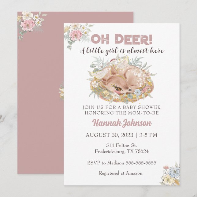 Invitación Deer Floral Fall Baby Girl Baby Shower (Anverso / Reverso)