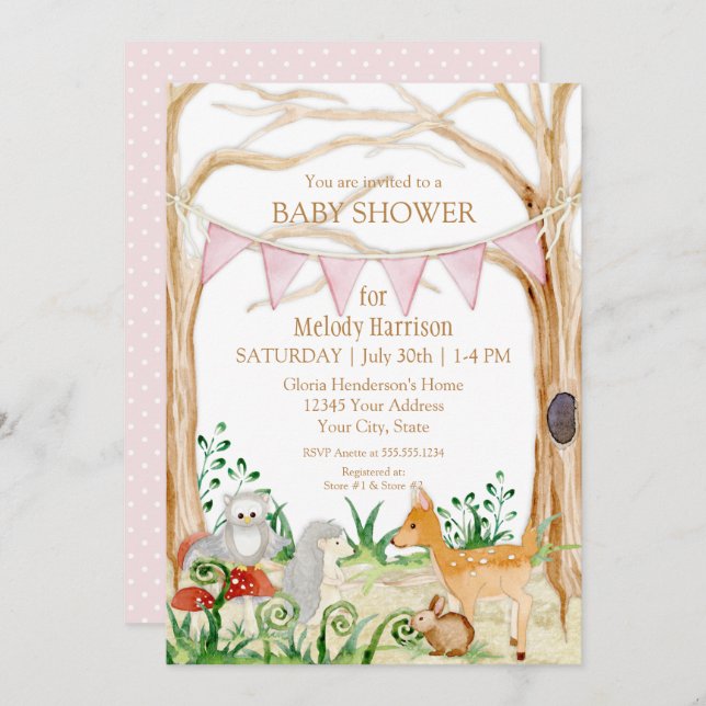 Invitación Deer Fox Cute Animal Rabbit Owl Forest Baby Shower (Anverso / Reverso)
