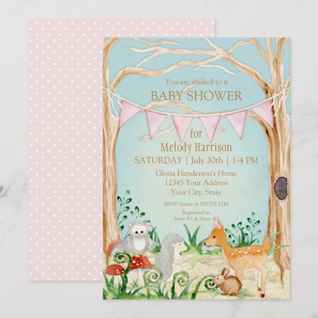 Invitación Deer Fox Forest Cute Animal Rabbit Owl Baby Shower (Anverso / Reverso)