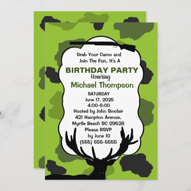 Invitación Deer Hunter Camouflage Birday Party (Anverso / Reverso)