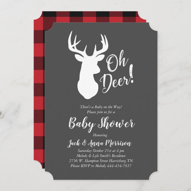 Invitación Deer Hunting Lodge Baby Shower Antlers (Anverso / Reverso)