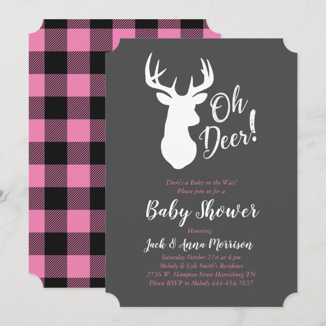 Invitación Deer Hunting Lodge Baby Shower Antlers Chica Pink (Anverso / Reverso)