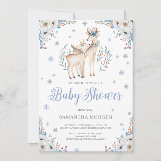 Invitación Deer Invierno Azul Floral Plata ducha de bebé rúst (Anverso)