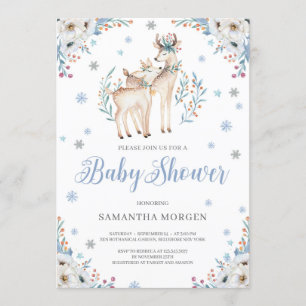 Invitación Deer Invierno Azul Floral Plata ducha de bebé rúst