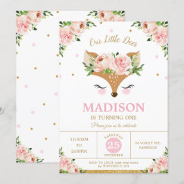 Invitación Deer Pink Floral Woodland Animals Fiesta de cumple