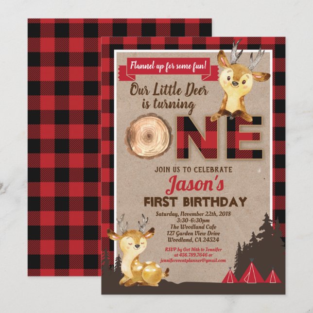 Invitación Deer primer cumpleaños lumberjack fiesta flannel r (Anverso / Reverso)
