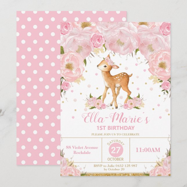 Invitación Deer Rubor Floral Birthday Party Chica (Anverso / Reverso)