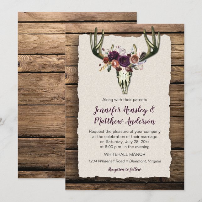 Invitación Deer Skull Dark Morple Floral Bouquet Barn Madera (Anverso / Reverso)