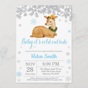 Invitación Deer Winter Blue Boy Baby Shower Snowflake