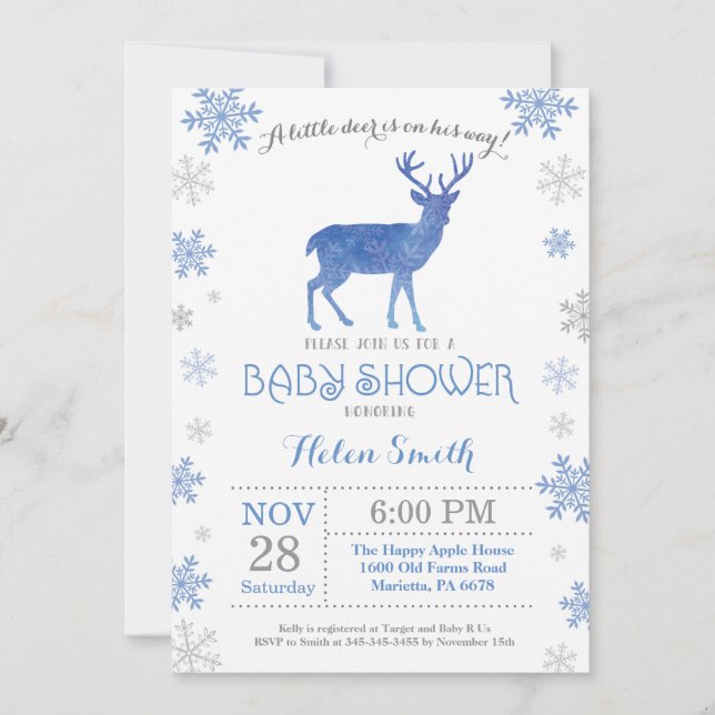 Invitación Deer Winter Blue Boy Baby Shower Snowflake (Anverso)