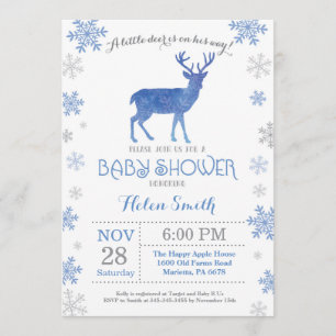 Invitación Deer Winter Blue Boy Baby Shower Snowflake
