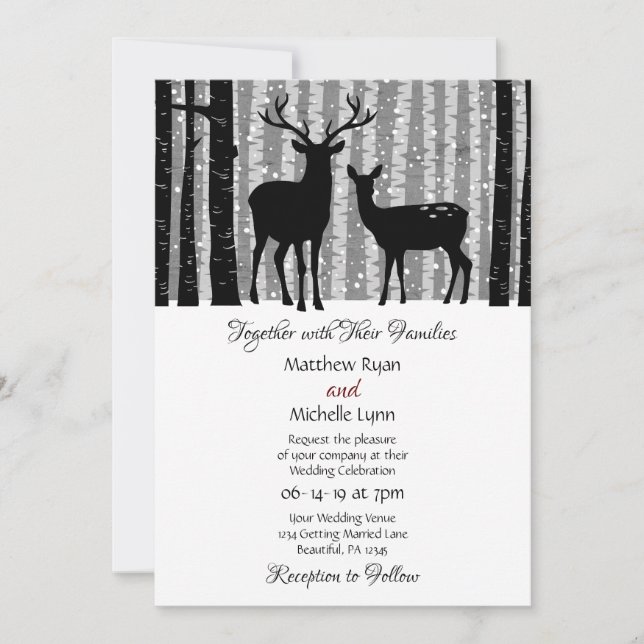 Invitación Deer y árboles Boda de Woodland invernal rústico (Anverso)
