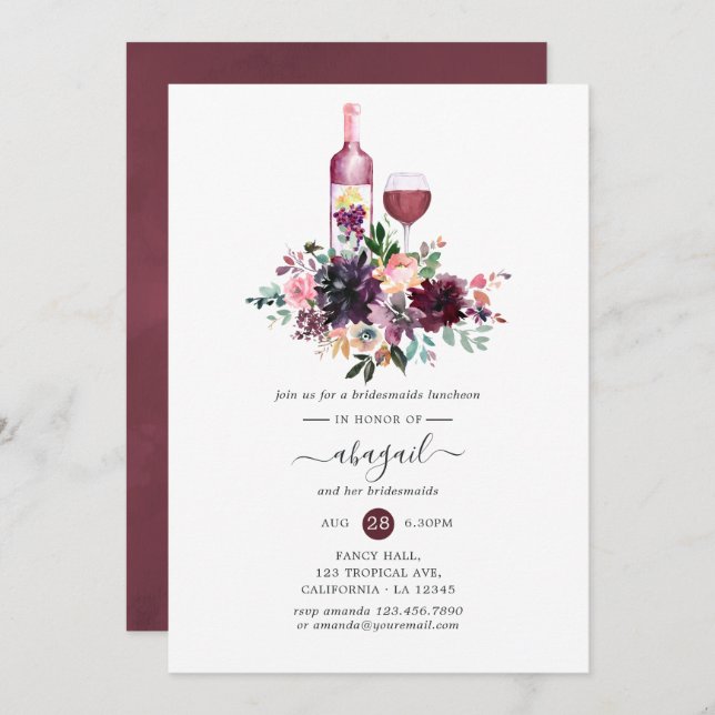 Invitación Degustación de Bordeaux Floral Vino Bridesmaids Lu (Anverso / Reverso)